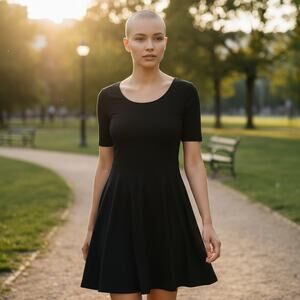 Madison Jules Black Fit & Flare Skater Dress Short Sleeve Stretch Knit Size M